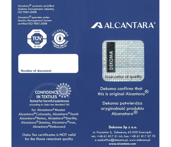 certyfikat autentyczności Alcantara , oryginalna Alcantara, dowód na oryginalność Alcantary, Alcantara jest tylko jedna, oświadczenie o oryginalności Alcantary 